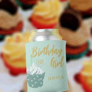60th Birthday Girl Cute Cupcake Green Can Cooler