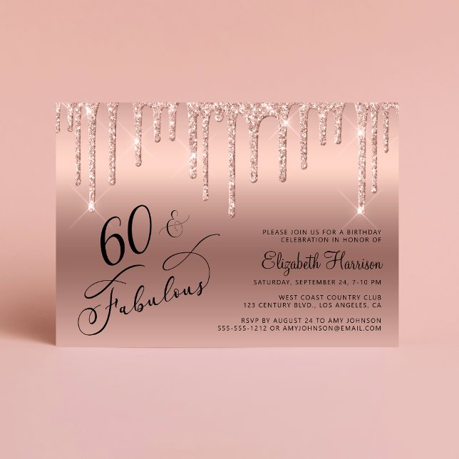 60th Birthday Glitter Rose Gold Invitation (Creator Uploaded)