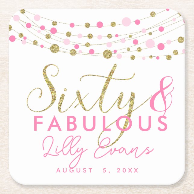 60th birthday gold and pink coasters customised (Front)