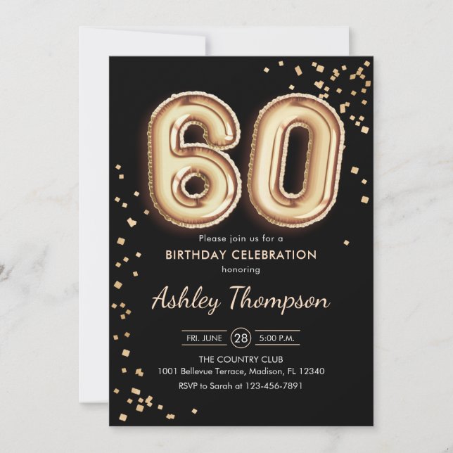 60th Birthday - Gold Balloons Black Invitation (Front)