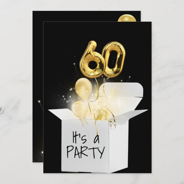 60th Birthday Gold Balloons In White Box Invitation (Front/Back)