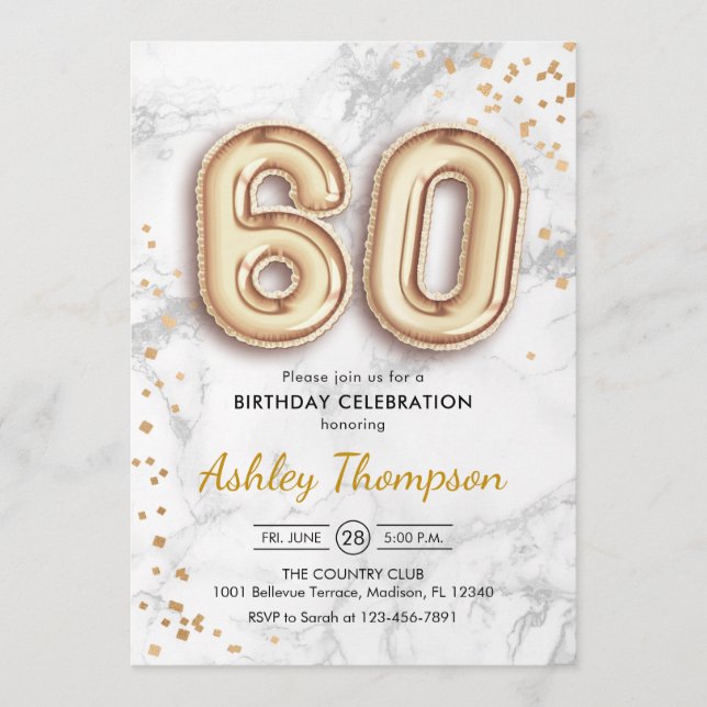60th Birthday - Gold Balloons Marble Effect Invitation (Front)