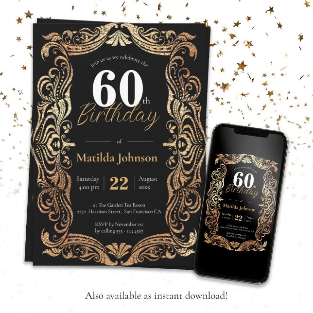 60th Birthday Gold Black Boho Glamourous Elegant Invitation (60th Birthday Gold Black Boho Glamorous Elegant Invitation)