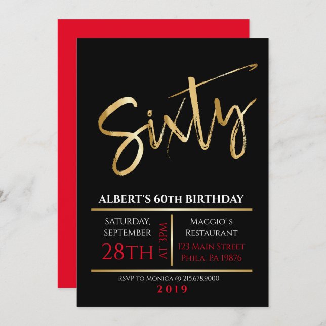 60th Birthday Gold Black Party Invitation (Front/Back)