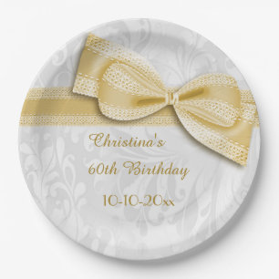 60th Birthday Gold Damask and Faux Bow Paper Plate