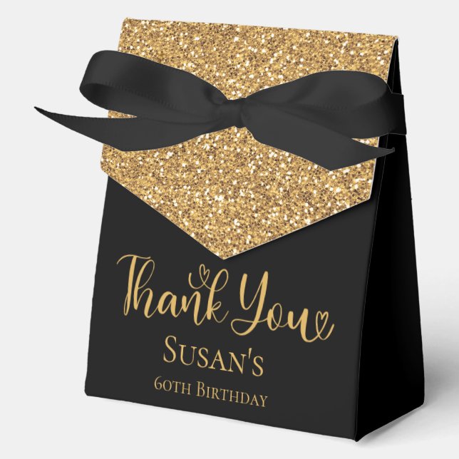 60th Birthday Gold Glitter Black Thank You Favour Box (Front)