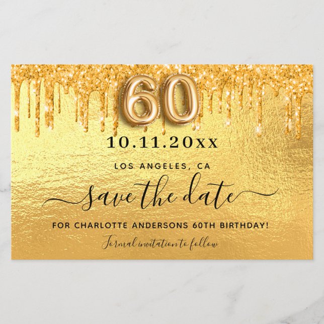 60th birthday gold glitter save the date card (Front)