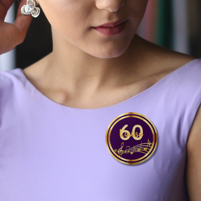 60th birthday gold music notes on stylish purple 6 cm round badge (Creator Uploaded)
