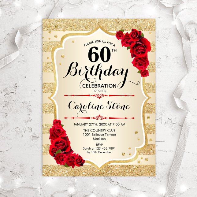 60th Birthday Gold Stripes Roses Invitation (Creator Uploaded)