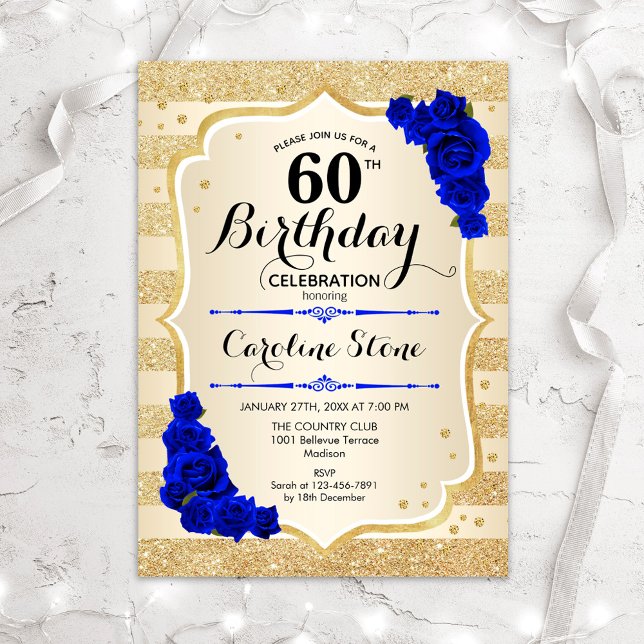 60th Birthday Gold Stripes Royal Blue Roses Invitation (Creator Uploaded)