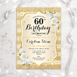 60th Birthday - Gold Stripes White Roses Invitation<br><div class="desc">60th Birthday Invitation. Elegant floral design in gold and white. Features faux glitter gold stripes,  white roses stylish script font and confetti. Perfect for a glam birthday party.</div>