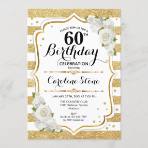 60th Birthday - Gold White Stripes Roses Invitation