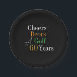 60th Birthday Golf Cheers Beers Black Gold Party Paper Plate<br><div class="desc">This is a cool and modern, 60th birthday, golf party design. It is a simple, minimal design, in classic black and gold typography with pops of orange and green. Perfect for a cool and fun, golf and beer themed, 60th birthday party. This design is fully customisable, simply use the personalise...</div>