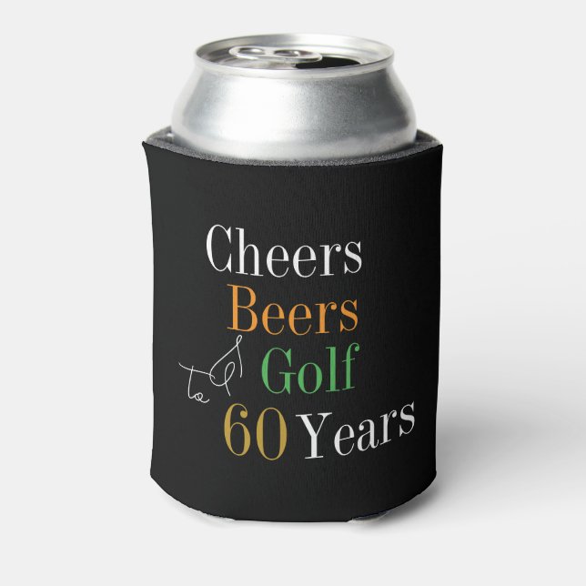 60th Birthday Golf Cheers Beers Party Black Gold Can Cooler (Can Back)
