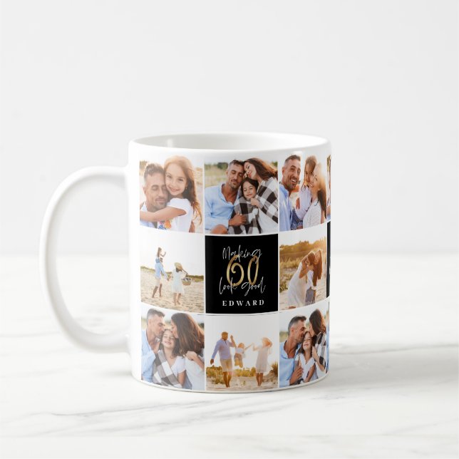 60th birthday good gold black photo collage chic coffee mug (Left)