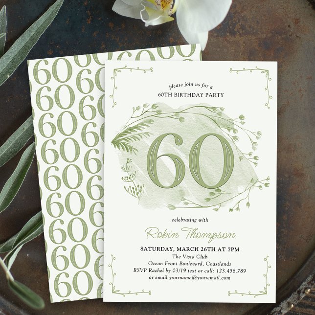 60th Birthday Green Dainty Wildflower Number 60 Invitation (60th Birthday Invitation - buy professionally printed or as digital download for printing or sharing)