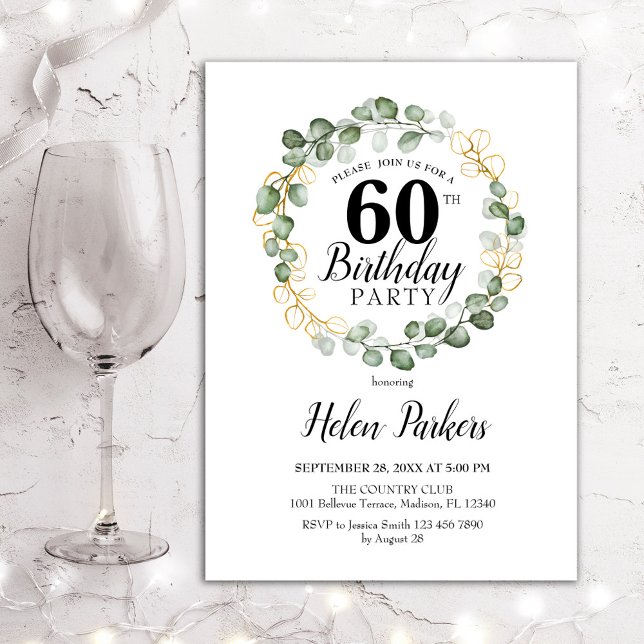 60th Birthday - Green Eucalyptus Foliage Wreath Invitation (Creator Uploaded)