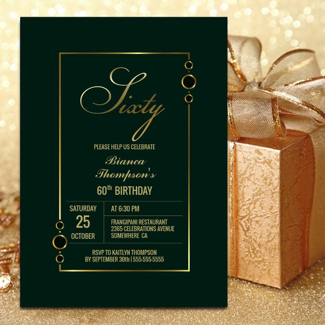 60th Birthday Green with Gold Frame Party Invitation (Creator Uploaded)