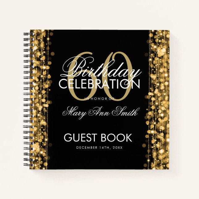 60th Birthday Guestbook Party Sparkles Gold Notebook (Front)