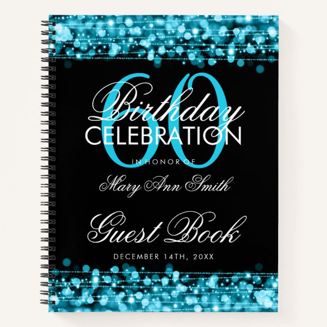 60th Birthday Guestbook Party Sparkles Teal Blue Notebook (Front)