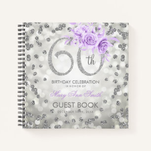 60th Birthday Guestbook Silver Purple Lights Notebook