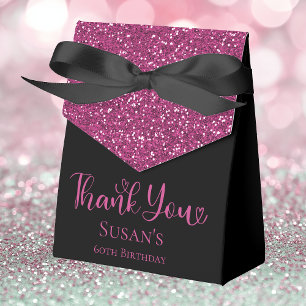 60th Birthday Hot Pink Glitter Black Thank You Favour Box