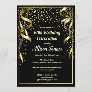 60th Birthday Invitation Black and Gold Confetti