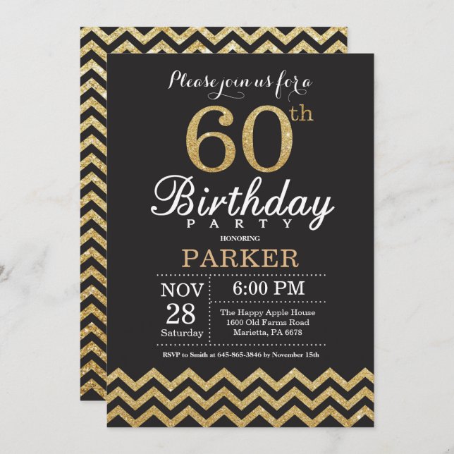 60th Birthday Invitation Black and Gold Glitter (Front/Back)