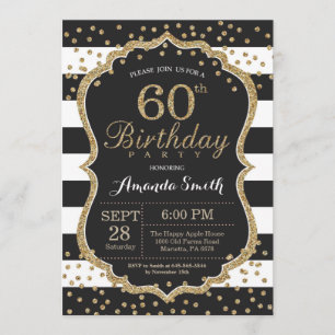 60th Birthday Invitation. Black and Gold Glitter Invitation