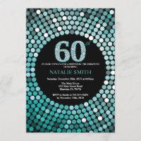 60th Birthday Invitation Black and Teal Glitter