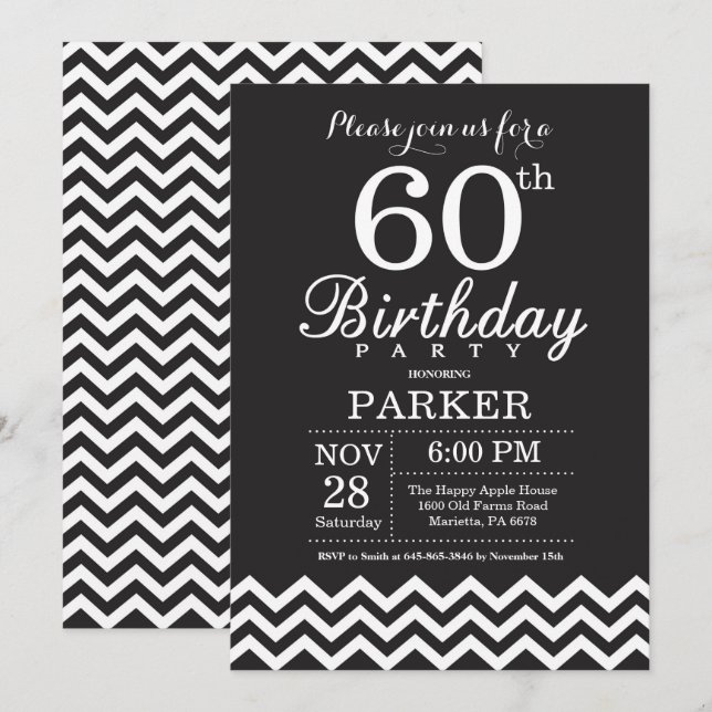 60th Birthday Invitation Black and White Chevron (Front/Back)