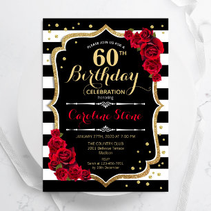 60th Birthday Invitation Black White Stripes Roses