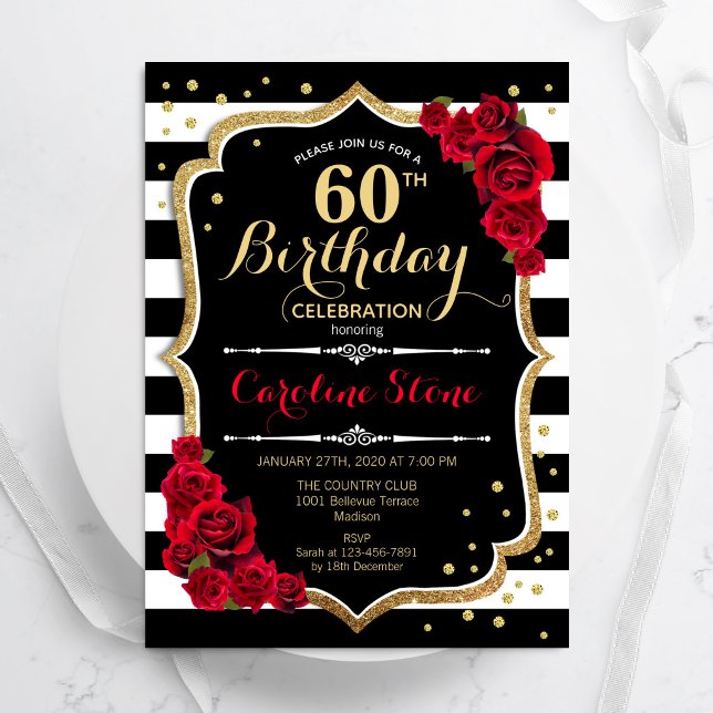 60th Birthday Invitation Black White Stripes Roses (Creator Uploaded)
