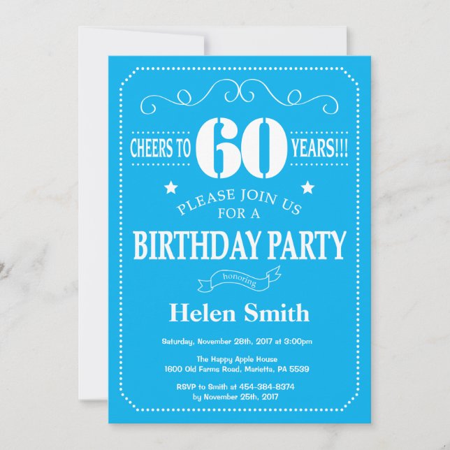 60th Birthday Invitation Blue and White (Front)