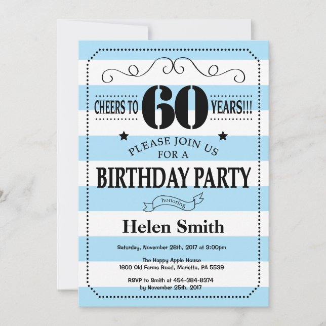 60th Birthday Invitation Blue and White Stripes (Front)