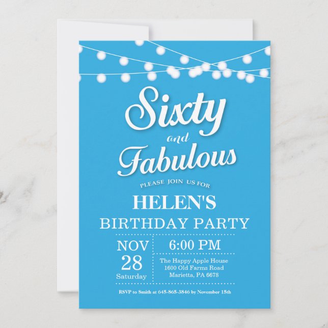 60th Birthday Invitation Blue Fabulous (Front)