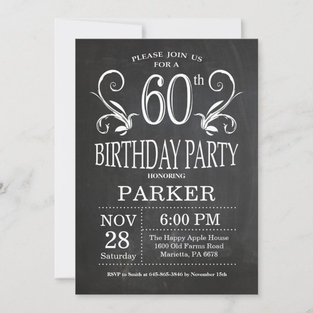 60th Birthday Invitation Chalkboard Floral (Front)