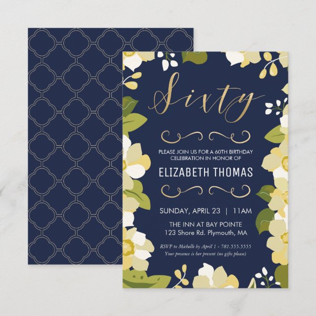 60th Birthday Invitation, Customise Floral, Small Invitation (Front/Back)