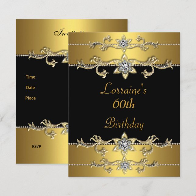 60th Birthday Invitation Elegant Black Gold (Front/Back)