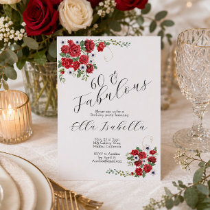 60th Birthday Invitation Elegant Floral Red 