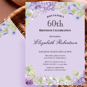 60th Birthday Invitation Elegant Purple Floral