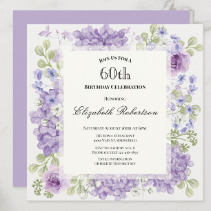 60th Birthday Invitation Elegant Purple Flowers