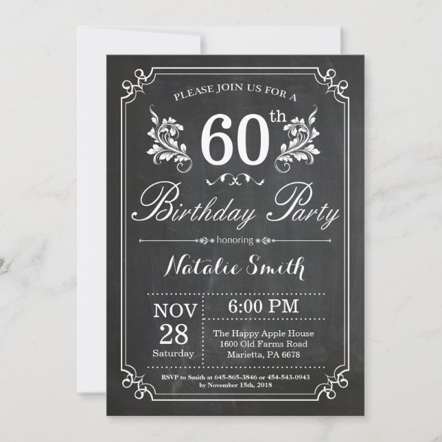 60th Birthday Invitation Floral Chalkboard (Front)