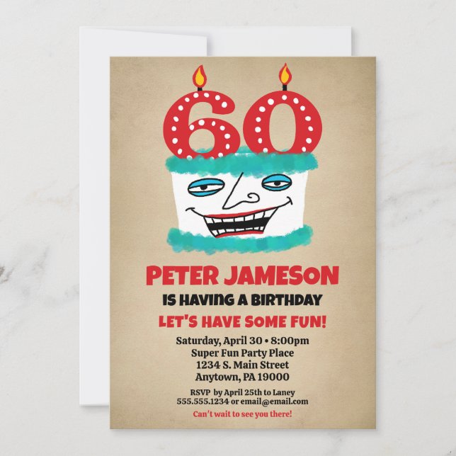 60th Birthday Invitation Funny Cake Casual Mens (Front)