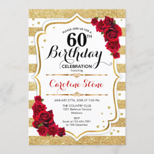 60th Birthday Invitation Gold White Stripes Roses