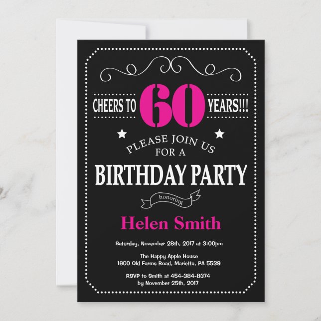 60th Birthday Invitation Hot Pink Black Chalkboard (Front)