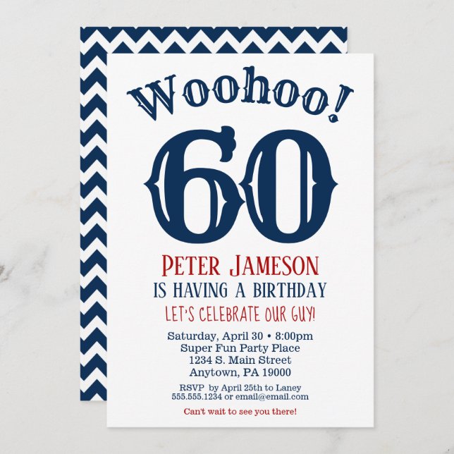 60th Birthday Invitation Mens Navy Blue (Front/Back)