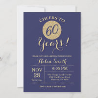 60th Birthday Invitation Navy and Gold Glitter