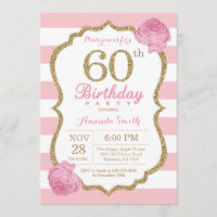 60th Birthday Invitation Pink and Gold Floral