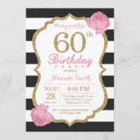 60th Birthday Invitation Pink Black Gold Floral
